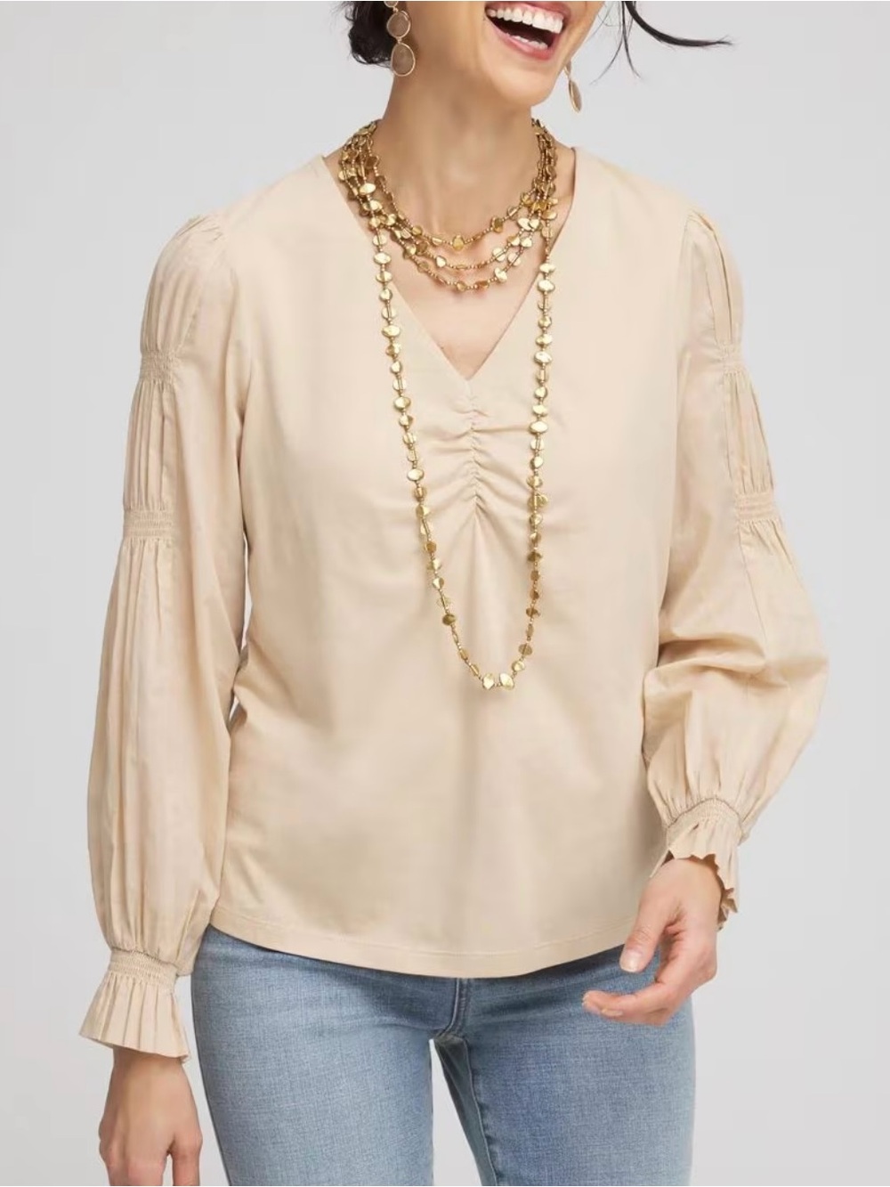 Chico's Pima Smocked Long Sleeve Creamy Tan V-Neck Blouse Top